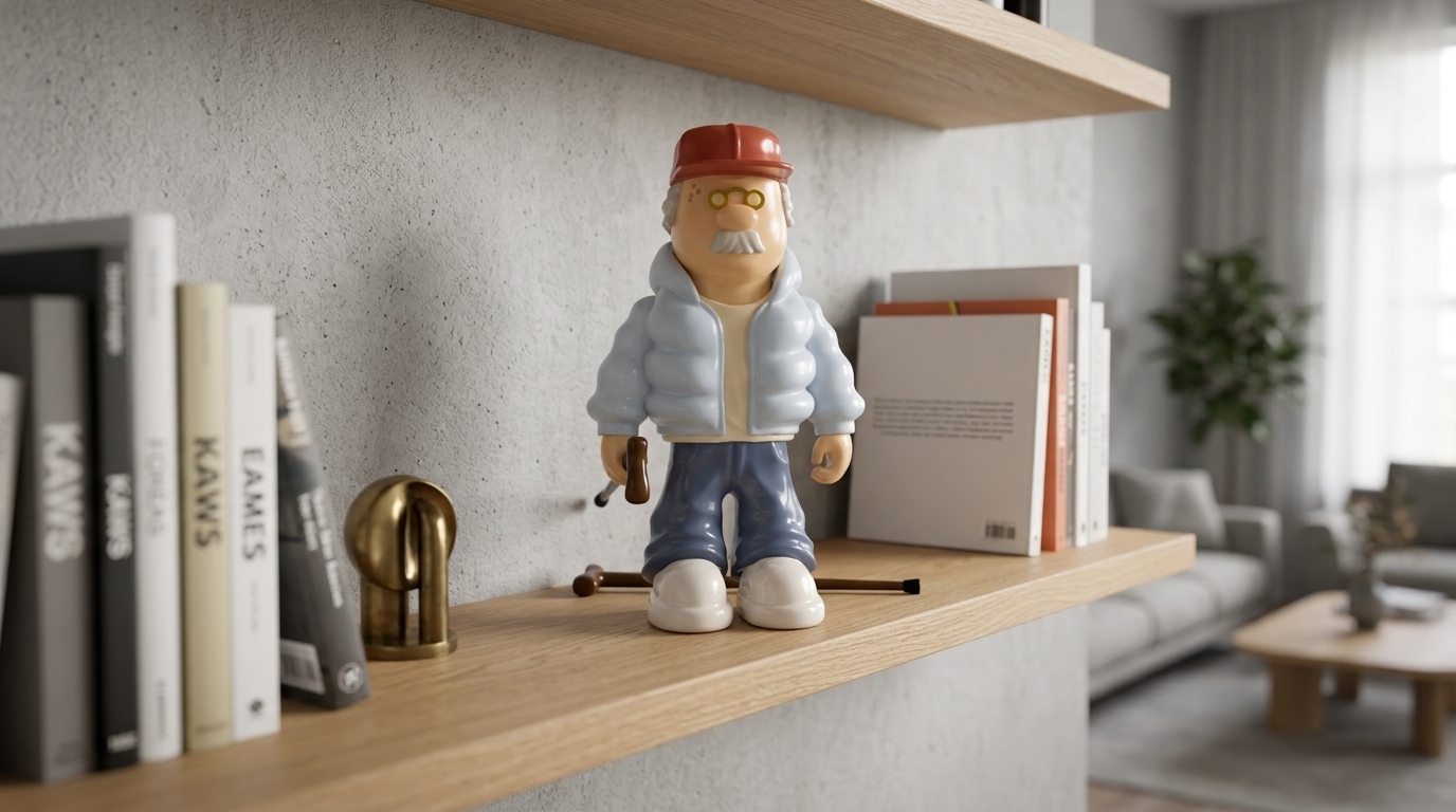 GRMP en una balda con libros de KAWS y Eames y un objeto de latón